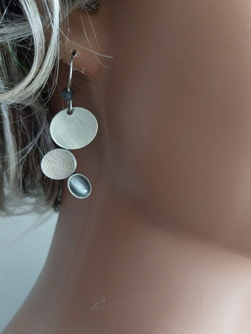 Silver Tone Triple Disc Drop Earrings - Modern Minimalist - Picture 3 of 9